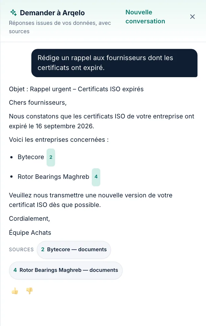 Rédige un rappel aux fournisseurs dont les certificats ont expiré.
