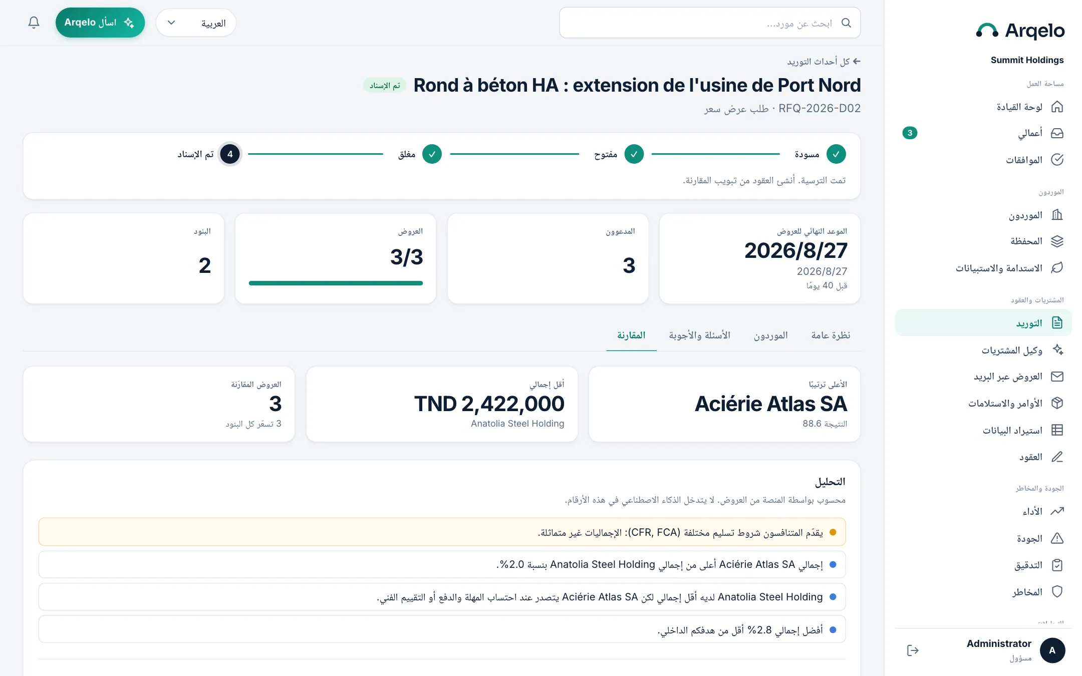 عروض تُقارَن نيابةً عنك. العروض جنبًا إلى جنب، مع ملاحظات محسوبة من العروض نفسها: اختلاف شروط التسليم، والفارق عن أفضل إجمالي، والبعد عن هدفك الداخلي.