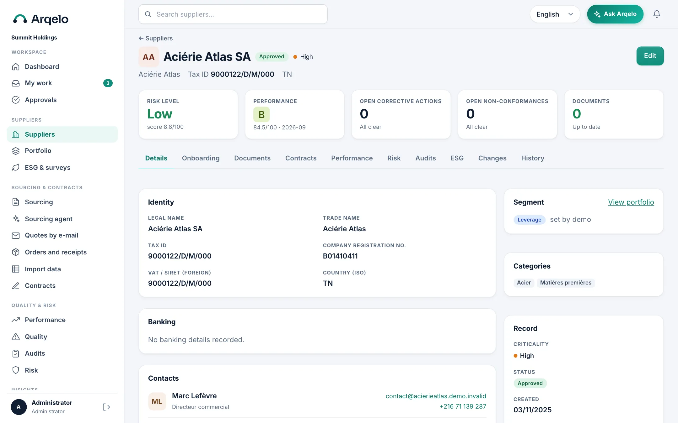 Supplier 360. One record per supplier with contacts, documents, history and duplicate detection.