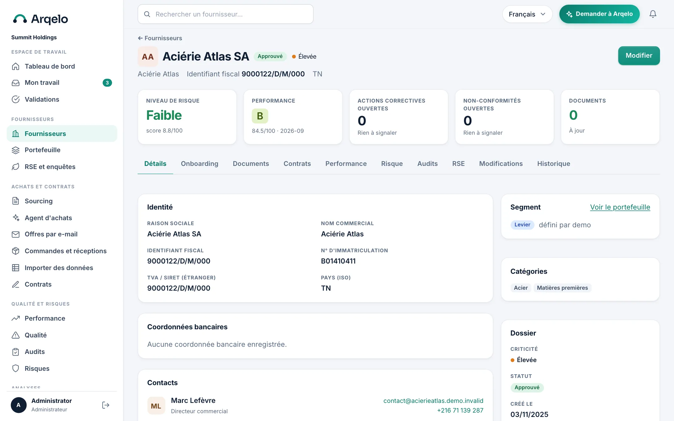 Fournisseur 360. Une fiche par fournisseur avec contacts, documents, historique et détection de doublons.